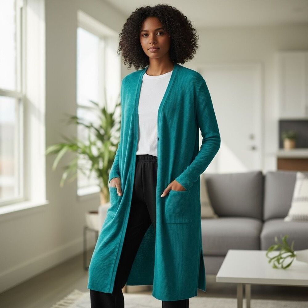 J. Jill Green Ribbed‎ Duster Cardigan Sweater cotton Silk Blend Medium